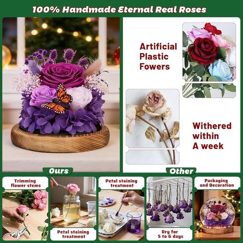 Christmas Real Forever Flowers with LED, Preserved Eternal Roses in Glass Dome, Gifts for Her Women Girlfriend (Purple) in Saudi Arabia
