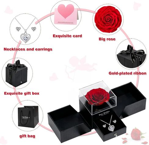Preserved Red Real Rose creates eternal love with Ocean Star Necklace, including a pair of heart-shaped stud earrings, red rose birthday gifts, gifts for women, gifts for girlfriend, wife gifts gifts for mom, Mother's Day gifts, Christmas gifts, Valentine in Saudi Arabia