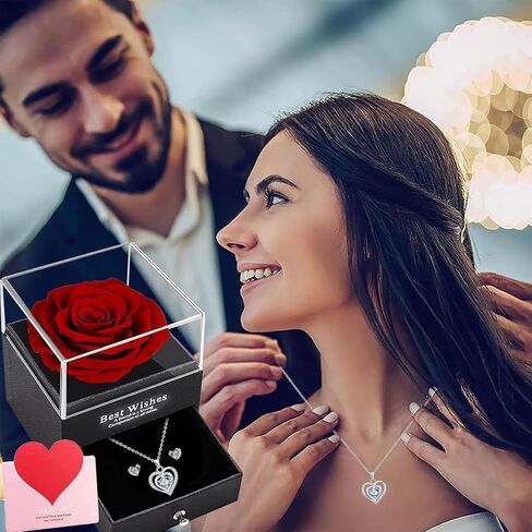 Preserved Red Real Rose creates eternal love with Ocean Star Necklace, including a pair of heart-shaped stud earrings, red rose birthday gifts, gifts for women, gifts for girlfriend, wife gifts gifts for mom, Mother's Day gifts, Christmas gifts, Valentine in Saudi Arabia