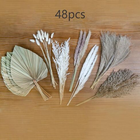 Fortunate Flowers 45 Pcs Fall Pampas Grass Decor, 4 Large Dried Palm Leaves, White Bunny Tails Dried Boho Flowers with Stems for Vase Fillers, Shelf, Fall Flower Arrangements, Crafts in Saudi Arabia