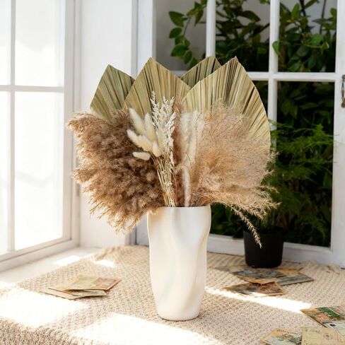 Fortunate Flowers 45 Pcs Fall Pampas Grass Decor, 4 Large Dried Palm Leaves, White Bunny Tails Dried Boho Flowers with Stems for Vase Fillers, Shelf, Fall Flower Arrangements, Crafts in Saudi Arabia