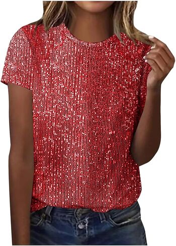 سباركلي الترتر بلايز المرأة بريق كم قصير Crewneck تي شيرت العصرية مساء نادي حفلة موسيقية ديسكو البلوزات in Kuwait