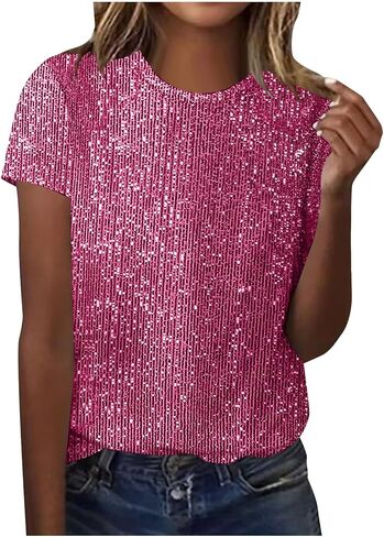 سباركلي الترتر بلايز المرأة بريق كم قصير Crewneck تي شيرت العصرية مساء نادي حفلة موسيقية ديسكو البلوزات in Kuwait