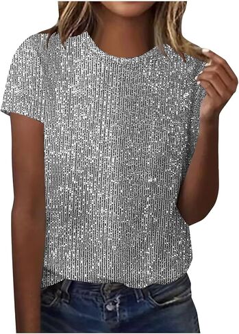 سباركلي الترتر بلايز المرأة بريق كم قصير Crewneck تي شيرت العصرية مساء نادي حفلة موسيقية ديسكو البلوزات in Kuwait