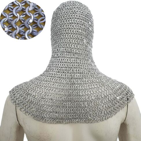 Chainmail Coif Aluminum | Chain Mail Hood | Medieval Costumes | 9 mm Flat Chainmail coif | Reenactment Cosplay Adult Replica Costume Wearable for Men Halloween in Kuwait
