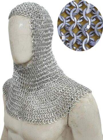 Chainmail Coif Aluminum | Chain Mail Hood | Medieval Costumes | 9 mm Flat Chainmail coif | Reenactment Cosplay Adult Replica Costume Wearable for Men Halloween in Kuwait