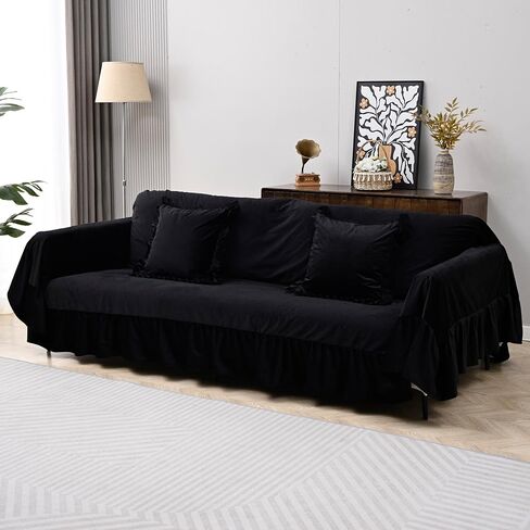 Black Velvet Couch Cover with Elegant Ruffle Skirt, 280 GSM Thick One-Piece Sofa Throw Cover for Loveseat and 2 Seater, 78.7x118 in Modern Stain-Resistant Non-Slip Furniture Protector in Saudi Arabia