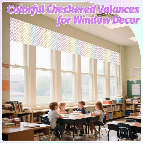4PCS Pastel Checkered Classroom Curtains Rainbow Checkered Kitchen Valances for Windows Rod Pocket Window Treatment Colorful Valances Curtains for Classroom Decor Daycare Bedroom Living Room 54"X18" in Saudi Arabia