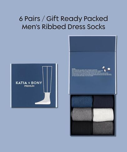 bony&katia Men's Premium Ribbed Dress Socks 6 Pairs Gift Box - Soft Breathable Cotton Mid Calf Business Casual Crew Socks in Saudi Arabia