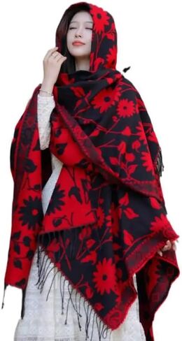 Women's Hooded Cloak shawl Printed Tassel Open front Fleece Poncho Cape Cardigan Wrap Shawl Sweater Winter Cloak with Hood in Saudi Arabia