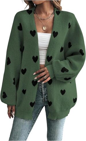 WDIRARA Women's Heart Print Open Front Cardigan Sweaters Lantern Long Sleeve Loose Knit Outerwear in Saudi Arabia