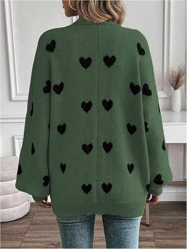 WDIRARA Women's Heart Print Open Front Cardigan Sweaters Lantern Long Sleeve Loose Knit Outerwear in Saudi Arabia