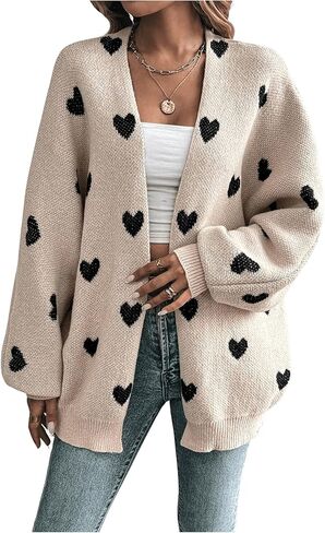 WDIRARA Women's Heart Print Open Front Cardigan Sweaters Lantern Long Sleeve Loose Knit Outerwear in Saudi Arabia