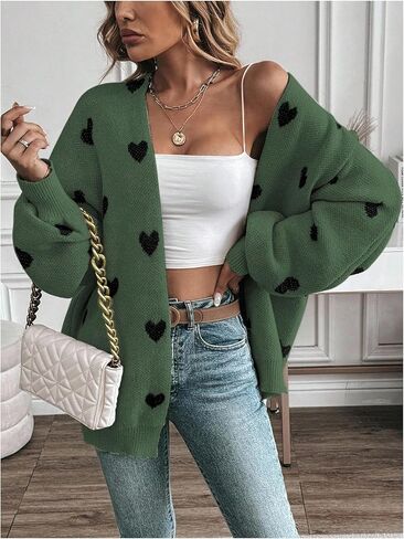 WDIRARA Women's Heart Print Open Front Cardigan Sweaters Lantern Long Sleeve Loose Knit Outerwear in Saudi Arabia
