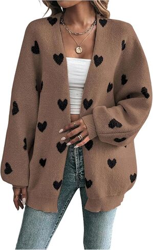 WDIRARA Women's Heart Print Open Front Cardigan Sweaters Lantern Long Sleeve Loose Knit Outerwear in Saudi Arabia