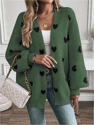 WDIRARA Women's Heart Print Open Front Cardigan Sweaters Lantern Long Sleeve Loose Knit Outerwear in Saudi Arabia