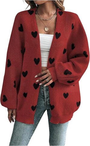 WDIRARA Women's Heart Print Open Front Cardigan Sweaters Lantern Long Sleeve Loose Knit Outerwear in Saudi Arabia