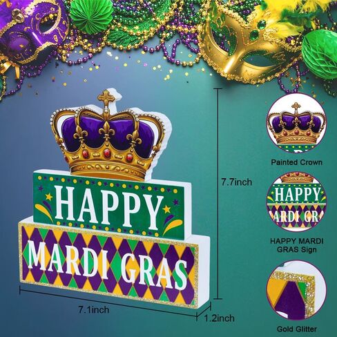 زخارف MEETYAMOR Mardi Gras، تاج كتلة خشبية HAPPY MARDI GRAS ديكور طاولة، بريق 3 طبقات خشبية Mardi Gras المركزية للطاولات والحفلات وغرفة المنزل ورف صينية متدرجة ورف الطاولة in Kuwait