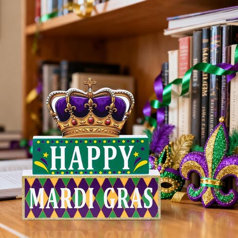 زخارف MEETYAMOR Mardi Gras، تاج كتلة خشبية HAPPY MARDI GRAS ديكور طاولة، بريق 3 طبقات خشبية Mardi Gras المركزية للطاولات والحفلات وغرفة المنزل ورف صينية متدرجة ورف الطاولة in Kuwait