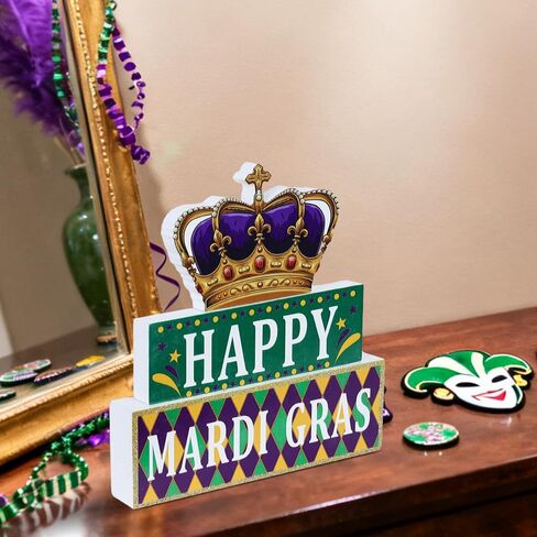 زخارف MEETYAMOR Mardi Gras، تاج كتلة خشبية HAPPY MARDI GRAS ديكور طاولة، بريق 3 طبقات خشبية Mardi Gras المركزية للطاولات والحفلات وغرفة المنزل ورف صينية متدرجة ورف الطاولة in Kuwait