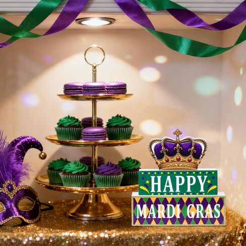 زخارف MEETYAMOR Mardi Gras، تاج كتلة خشبية HAPPY MARDI GRAS ديكور طاولة، بريق 3 طبقات خشبية Mardi Gras المركزية للطاولات والحفلات وغرفة المنزل ورف صينية متدرجة ورف الطاولة in Kuwait