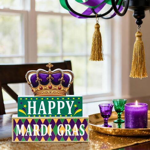 زخارف MEETYAMOR Mardi Gras، تاج كتلة خشبية HAPPY MARDI GRAS ديكور طاولة، بريق 3 طبقات خشبية Mardi Gras المركزية للطاولات والحفلات وغرفة المنزل ورف صينية متدرجة ورف الطاولة in Kuwait