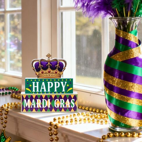 زخارف MEETYAMOR Mardi Gras، تاج كتلة خشبية HAPPY MARDI GRAS ديكور طاولة، بريق 3 طبقات خشبية Mardi Gras المركزية للطاولات والحفلات وغرفة المنزل ورف صينية متدرجة ورف الطاولة in Kuwait