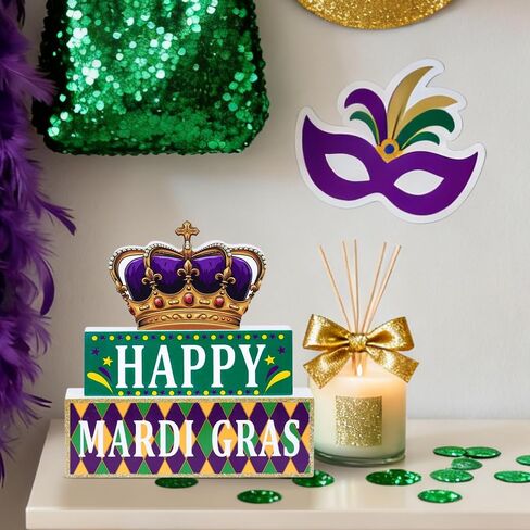 زخارف MEETYAMOR Mardi Gras، تاج كتلة خشبية HAPPY MARDI GRAS ديكور طاولة، بريق 3 طبقات خشبية Mardi Gras المركزية للطاولات والحفلات وغرفة المنزل ورف صينية متدرجة ورف الطاولة in Kuwait