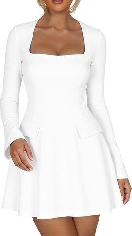 Kaximil Women's Long Sleeve Square Neck Mini Dress A Line Ruffle Work Short Party Dresses in Saudi Arabia