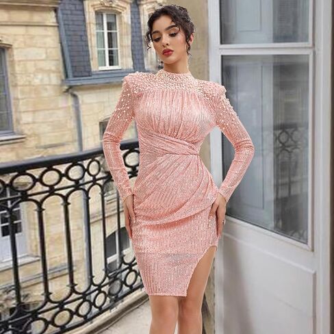 فساتين نسائية طويلة الأكمام بدون ظهر Bodycon ترتر لؤلؤي لحفلات الكوكتيل والحفلات الراقصة in Kuwait