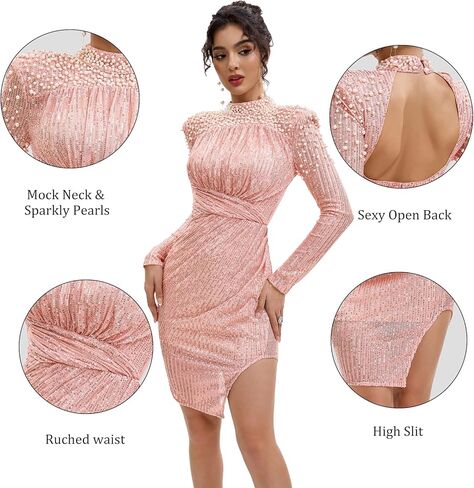 فساتين نسائية طويلة الأكمام بدون ظهر Bodycon ترتر لؤلؤي لحفلات الكوكتيل والحفلات الراقصة in Kuwait
