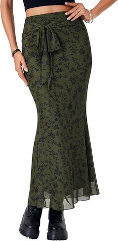 Rooscier Women's Floral Print Mesh Long Skirt High Waist Tie Fishtail Bodycon Maxi Skirts in Saudi Arabia