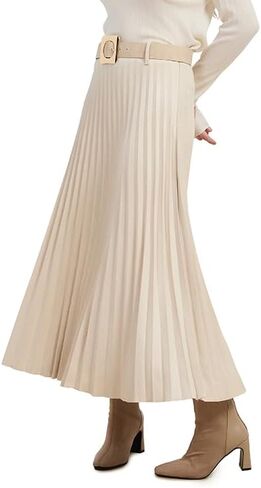 Women's Stylish Faux Suede Effect Pleated Midi Skirt with Belt, High Waist with Inseam Side Zipper in Saudi Arabia