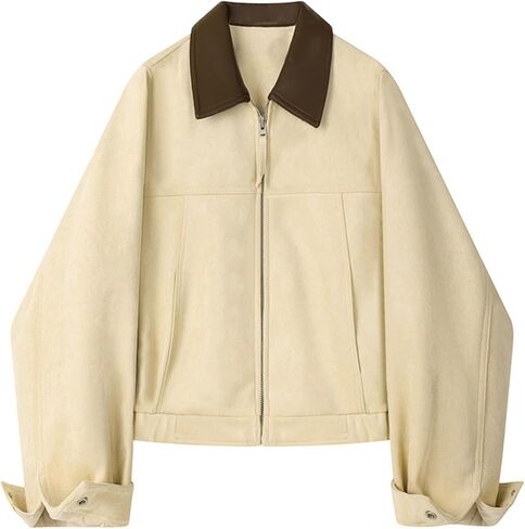 Women's Faux Suede Cropped Jacket Contrast Collar Zip Up Utility Barn Coat Trendy Fall Outwear in Saudi Arabia