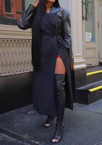 Tbahhir Women's Long Trench Coat Faux Leather Patchwork Double Breasted Lapel Jacket Winter Windproof Classic Overcoat in Saudi Arabia