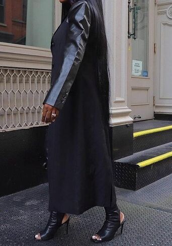 Tbahhir Women's Long Trench Coat Faux Leather Patchwork Double Breasted Lapel Jacket Winter Windproof Classic Overcoat in Saudi Arabia