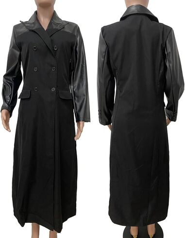 Tbahhir Women's Long Trench Coat Faux Leather Patchwork Double Breasted Lapel Jacket Winter Windproof Classic Overcoat in Saudi Arabia
