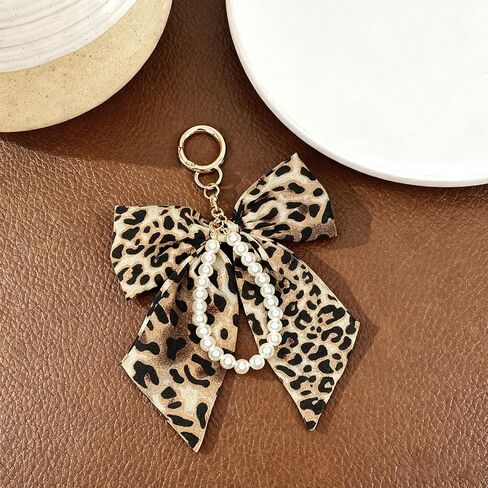 Leopard Print Bow with Pearl Chain Bag Charm, Purse Charms for Handbags, Cute Leopard Keychain Accessories for Women Girls in Saudi Arabia