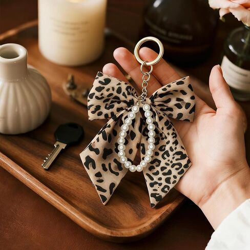 Leopard Print Bow with Pearl Chain Bag Charm, Purse Charms for Handbags, Cute Leopard Keychain Accessories for Women Girls in Saudi Arabia