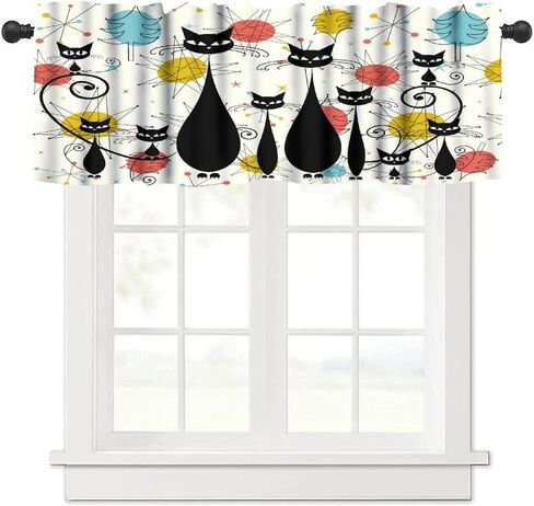 Mid Century Valances Curtain for Kitchen Cafe, Retro 60s Christmas Tree Atomic Atomic Black Cats Window Treatment Valances Short Curtains Rod Pocket Drape for Dining Room Home Decor, 54x18inch in Kuwait