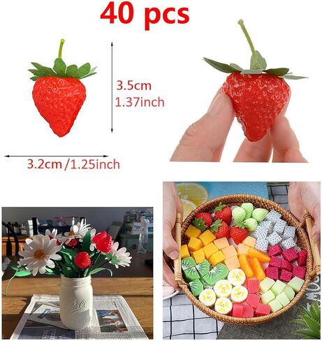 YYaaloa 40pcs Artificial Red Strawberries 1.38'' Small Fake Lifelike Fruit Simulation Realistic Strawberry Plastic Strawberries Photography Prop for Home Kitchen Party Decoration Ornament in Saudi Arabia