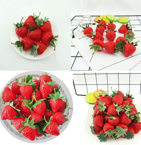 YYaaloa 40pcs Artificial Red Strawberries 1.38'' Small Fake Lifelike Fruit Simulation Realistic Strawberry Plastic Strawberries Photography Prop for Home Kitchen Party Decoration Ornament in Saudi Arabia
