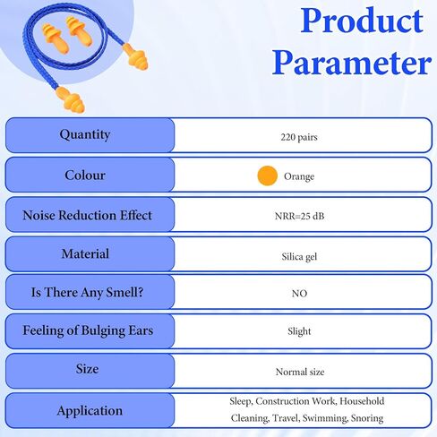 220 Pairs Orange Silicone Ear Plugs with String, Reusable Earplugs Individually Wrapped, 25dB NRR Corded Ear Plugs Hearing Protection Earplugs Noise Reduction for Work Sleep Sports Study in Saudi Arabia
