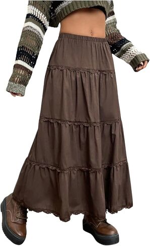 تنورة نسائية طويلة من WDIRARA ذات طبقات مكشكشة ومتأرجحة بخصر مطاطي وحواف من الدانتيل على شكل حرف A تنانير طويلة in Kuwait