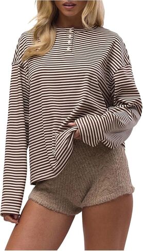 SOLY HUX Women's Striped Long Sleeve T Shirts Henley Tops Crew Neck Button Classic Tees Fall Clothes in Saudi Arabia
