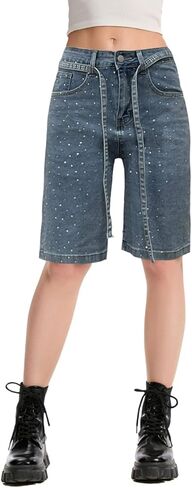 Women's Rhinestone Embellished Denim Shorts, Straight Leg Jean Shorts with Belt in Saudi Arabia