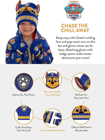 Paw Patrol Hat And Gloves For Boys, Chase Kids Winter Hat Set, Chase Boys' Hats & Caps, Blue, One Size in Saudi Arabia