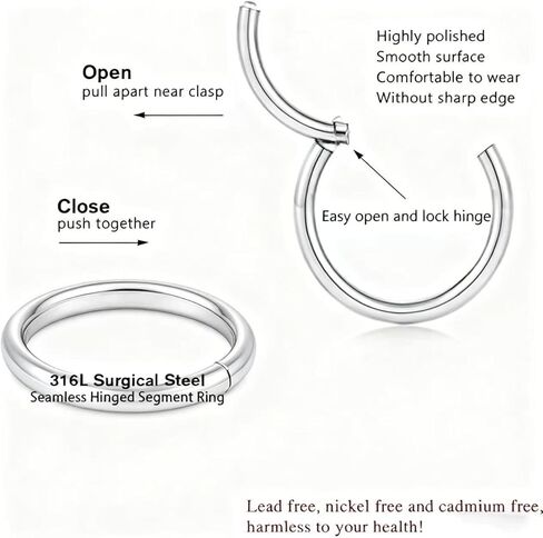 8Pcs 18G Silver Nose Rings Hoops Set for Women Men: Hypoallergenic 316L Surgical Stainless Steel Nose Hoops Hinged Clicker Septum Rings for Nose Cartilage Body Piercing Jewelry 6mm 7mm 8mm 9mm in Saudi Arabia