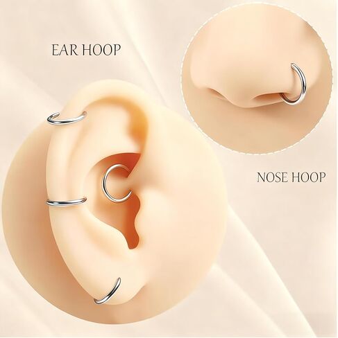 8Pcs 18G Silver Nose Rings Hoops Set for Women Men: Hypoallergenic 316L Surgical Stainless Steel Nose Hoops Hinged Clicker Septum Rings for Nose Cartilage Body Piercing Jewelry 6mm 7mm 8mm 9mm in Saudi Arabia