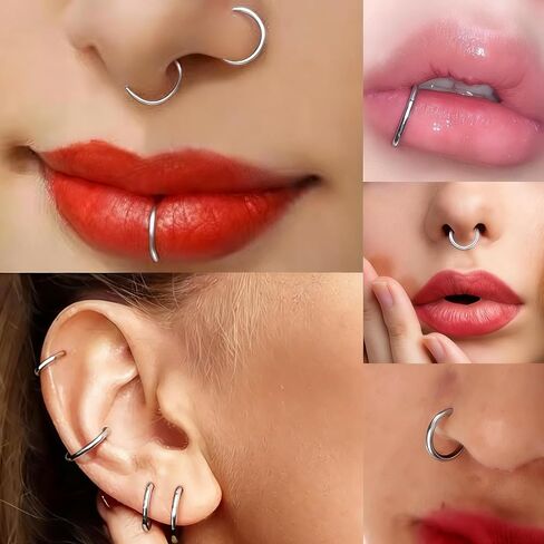 8Pcs 18G Silver Nose Rings Hoops Set for Women Men: Hypoallergenic 316L Surgical Stainless Steel Nose Hoops Hinged Clicker Septum Rings for Nose Cartilage Body Piercing Jewelry 6mm 7mm 8mm 9mm in Saudi Arabia